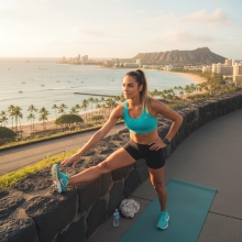 Woman stretching on running path overlooking Honolulu
