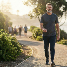 Middle-aged man walking along coastal trail with obvious ease of mobility