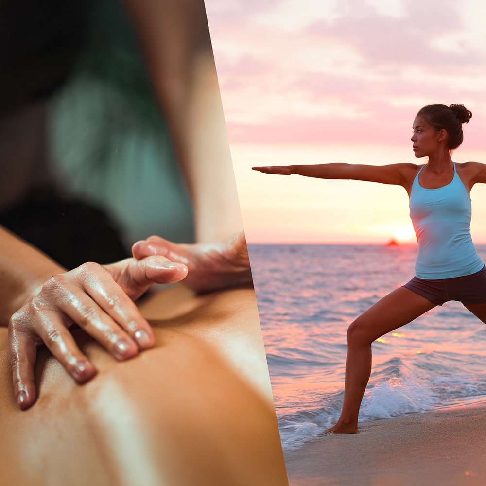 Composition of a Massage and a woman working out on the beach
